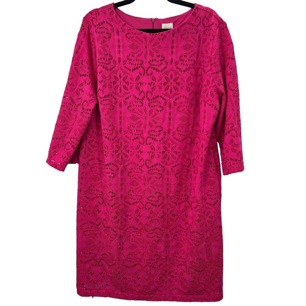 Chicos Dress Womens XL Pink Floral Crochet Lace Shift 3/4 Sleeve Lined Work 3